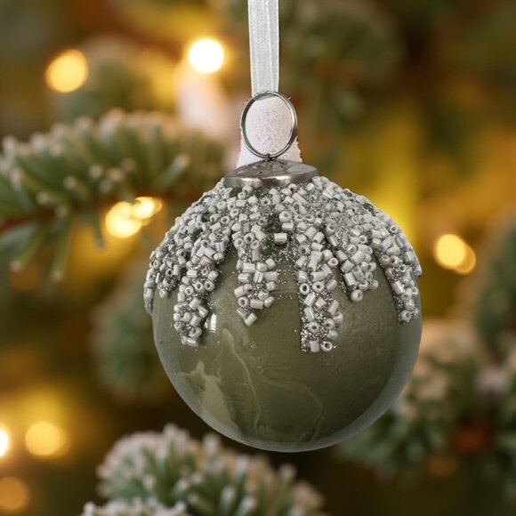 Set of 4 Green Glass Embellished Christmas Ornaments by 34th & Pine - 2-1/2" - Picture 2 of 9